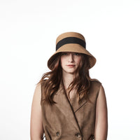CEANE FLAT TOP CLOCHE IN PAPER STRAW WITH GROSSGRAIN RIBBON