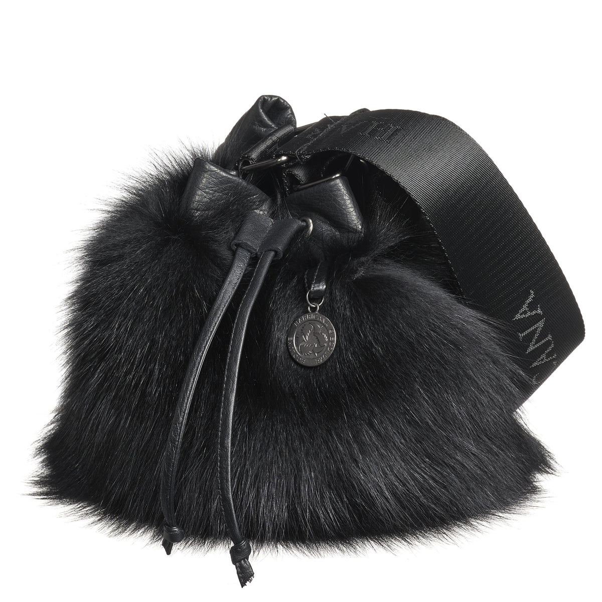 GABBIE F - LEATHER DRAW CORD POUCH BAG W UPCYCLED FUR