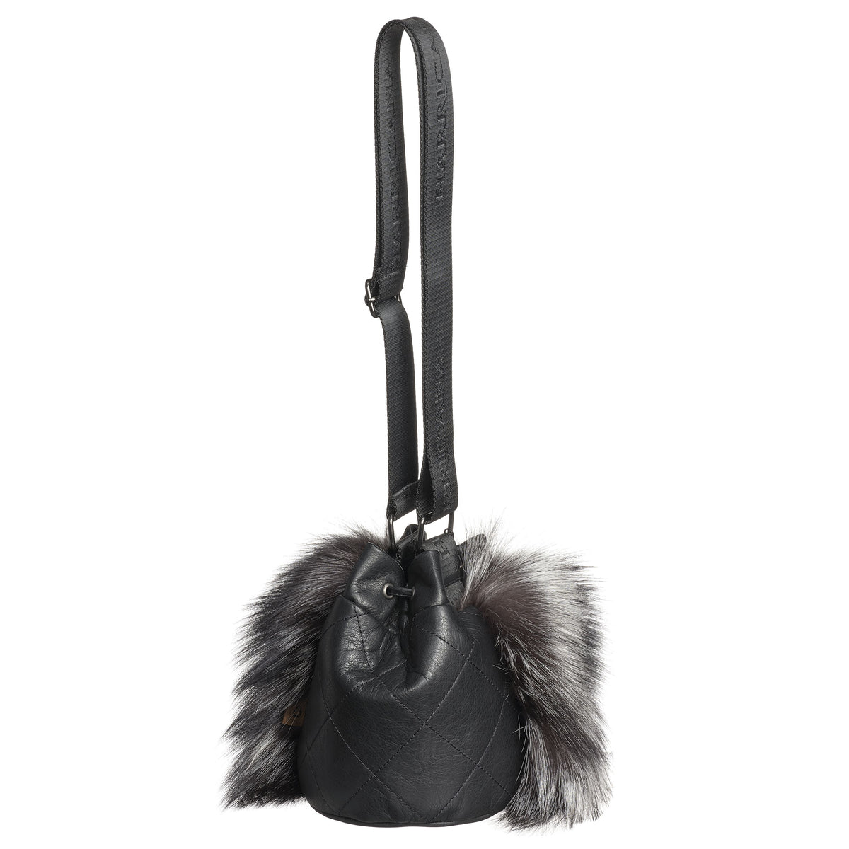GABBIE F - LEATHER DRAW CORD POUCH BAG W UPCYCLED FUR