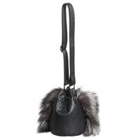 GABBIE F - LEATHER DRAW CORD POUCH BAG W UPCYCLED FUR