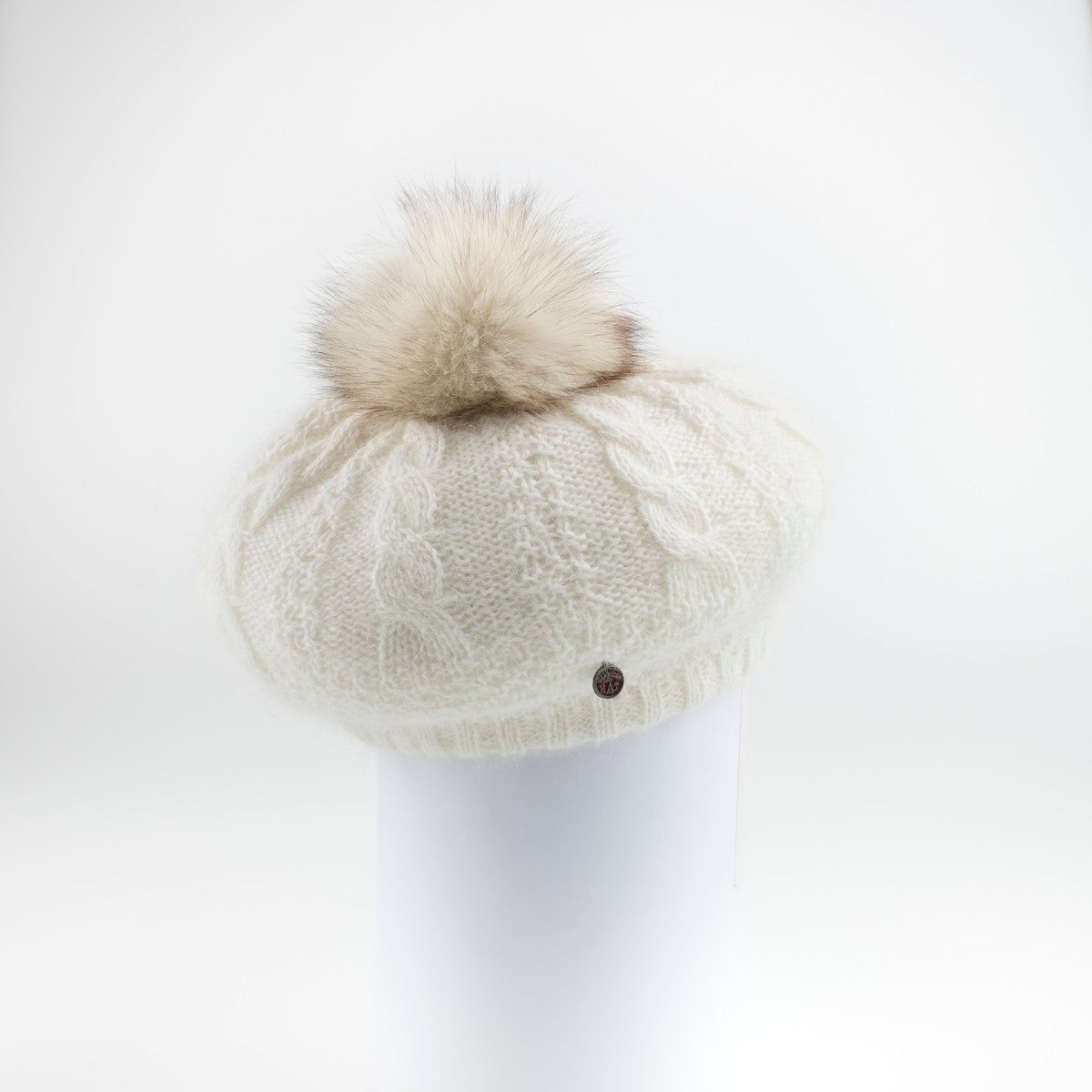 VIRGINIA - ANGORA BERET HAT WITH UPCYCLED FUR POM GOLF  1300 IVORY O/S  