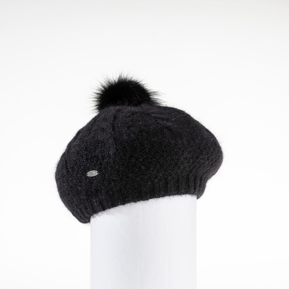 VIRGINIA - ANGORA BERET HAT WITH UPCYCLED FUR POM GOLF  2100 BLACK O/S  