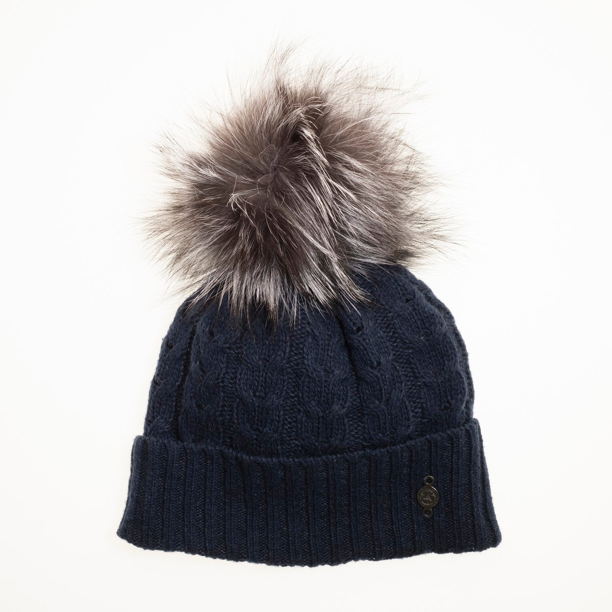 RECYCLED CASHMERE CABLE BEANIE WITH UPCYCLED FUR POM GOLF  4500 NAVY O/S  