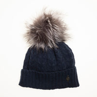 RECYCLED CASHMERE CABLE BEANIE WITH UPCYCLED FUR POM GOLF  4500 NAVY O/S  