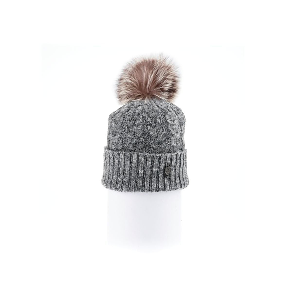 RECYCLED CASHMERE CABLE BEANIE WITH UPCYCLED FUR POM GOLF  7900 GREY O/S  